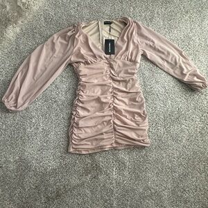 PrettyLittleThing Stone Mesh Ruched Balloon Sleeve Bodycon Dress